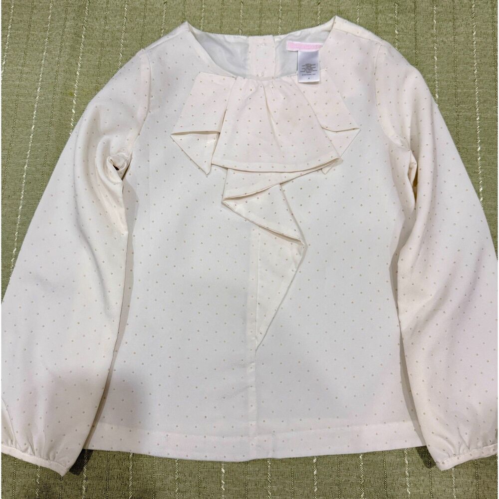 Janie and Jack Girls Ivory Ruffle Blouse | Gold Polka Dot Long Sleeve Top Size 6